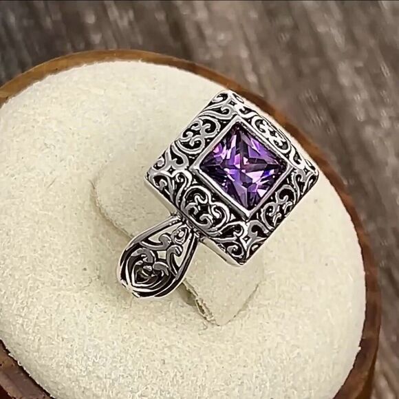 Sterling Silver Ornate Square Cut Amethyst CZ Ring New - Picture 8 of 11